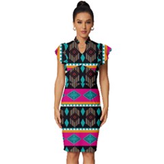 Abstract Art Pattern Design Vintage Vintage Frill Sleeve V-neck Bodycon Dress