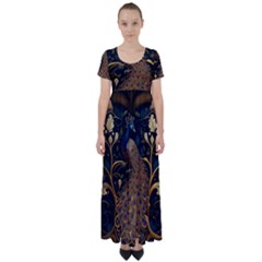 Peacock Plumage Bird Decorative Pattern Graceful High Waist Short Sleeve Maxi Dress