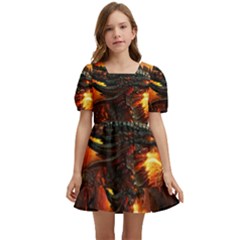 Dragon Art Fire Digital Fantasy Kids  Short Sleeve Dolly Dress by Celenk