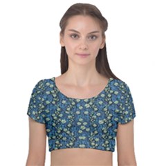 Lotus Bloom In The Calm Sea Of Beautiful Waterlilies Velvet Short Sleeve Crop Top  by pepitasart