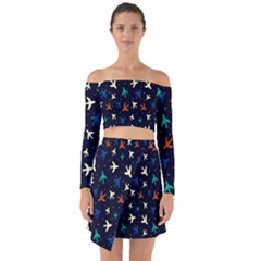 Blue Background Cute Airplanes Off Shoulder Top With Skirt Set by ConteMonfrey