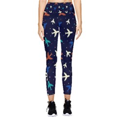 Blue Background Cute Airplanes Pocket Leggings  by ConteMonfrey