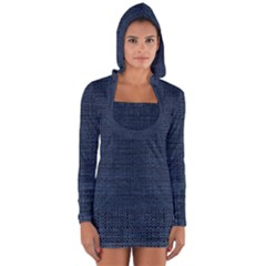 Digital Dark Blue Linen Long Sleeve Hooded T-shirt by ConteMonfrey