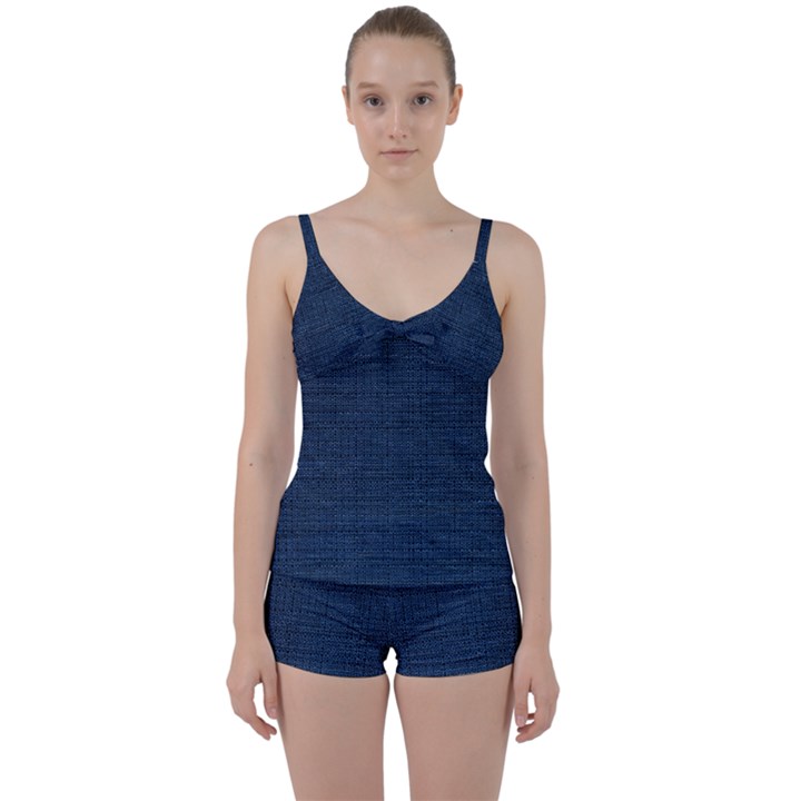 Digital dark blue Linen Tie Front Two Piece Tankini