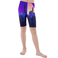 The Sun Night Music The City Background 80s, 80 s Synth Kids  Mid Length Swim Shorts by uniart180623