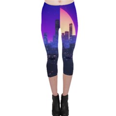 The Sun Night Music The City Background 80s, 80 s Synth Capri Leggings  by uniart180623