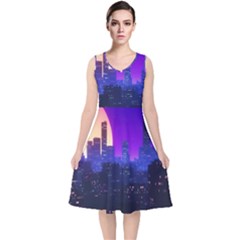 The Sun Night Music The City Background 80s, 80 s Synth V-neck Midi Sleeveless Dress 