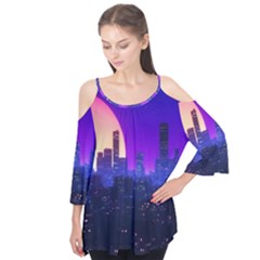 The Sun Night Music The City Background 80s, 80 s Synth Flutter Sleeve Tee 