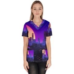 The Sun Night Music The City Background 80s, 80 s Synth Women s V-neck Scrub Top