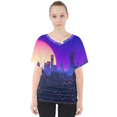 The Sun Night Music The City Background 80s, 80 s Synth V-neck Dolman Drape Top by uniart180623