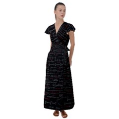 Black Background With Text Overlay Digital Art Mathematics Flutter Sleeve Maxi Dress by uniart180623