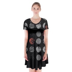 Black And Multicolored Polka Dot Artwork Digital Art Short Sleeve V-neck Flare Dress by uniart180623