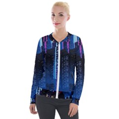 Night Music The City Neon Background Synth Retrowave Velvet Zip Up Jacket by uniart180623