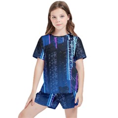 Night Music The City Neon Background Synth Retrowave Kids  Tee And Sports Shorts Set