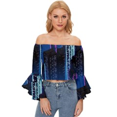 Night Music The City Neon Background Synth Retrowave Off Shoulder Flutter Bell Sleeve Top by uniart180623