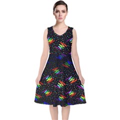 Rainbows Pixel Pattern V-neck Midi Sleeveless Dress 