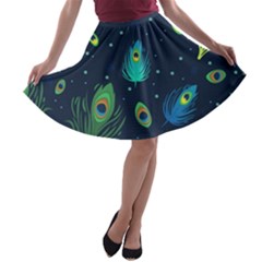 Blue Background Pattern Feather Peacock A-line Skater Skirt by uniart180623