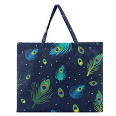 Blue Background Pattern Feather Peacock Zipper Large Tote Bag by uniart180623