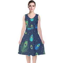 Blue Background Pattern Feather Peacock V-neck Midi Sleeveless Dress 