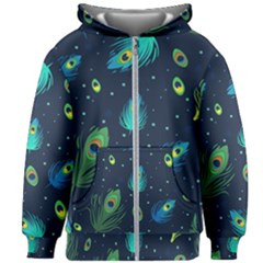 Blue Background Pattern Feather Peacock Kids  Zipper Hoodie Without Drawstring by uniart180623