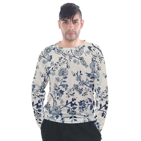 Vintage Background Blue Roses Rose Pattern Retro Men s Long Sleeve Raglan Tee by uniart180623