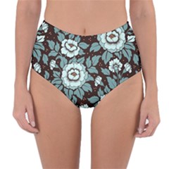 Vintage Floral Pattern Blue Damask Pattern Blue Vintage Reversible High-Waist Bikini Bottoms