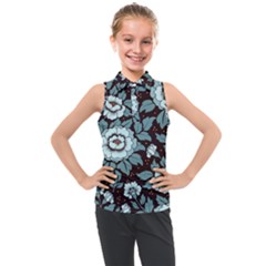 Vintage Floral Pattern Blue Damask Pattern Blue Vintage Kids  Sleeveless Polo Tee