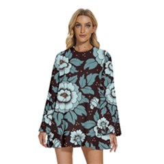 Vintage Floral Pattern Blue Damask Pattern Blue Vintage Round Neck Long Sleeve Bohemian Style Chiffon Mini Dress