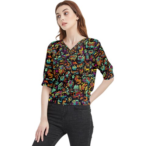 Cartoon Monster Pattern Abstract Background Quarter Sleeve Blouse by uniart180623