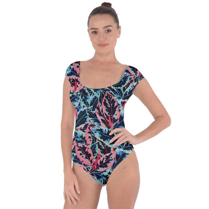 Leaves Leaf Pattern Patterns Colorfu Short Sleeve Leotard 