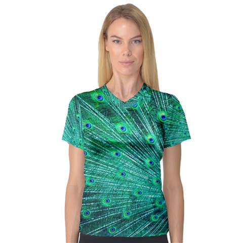 Green And Blue Peafowl Peacock Animal Color Brightly Colored V-neck Sport Mesh Tee by uniart180623