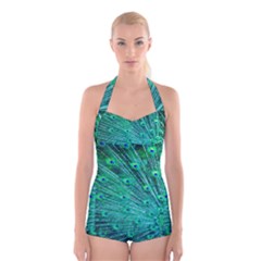 Green And Blue Peafowl Peacock Animal Color Brightly Colored Boyleg Halter Swimsuit  by uniart180623