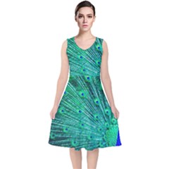 Green And Blue Peafowl Peacock Animal Color Brightly Colored V-neck Midi Sleeveless Dress 