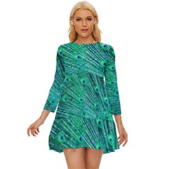Green And Blue Peafowl Peacock Animal Color Brightly Colored Long Sleeve Babydoll Dress
