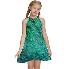 Green And Blue Peafowl Peacock Animal Color Brightly Colored Kids  Halter Collar Waist Tie Chiffon Dress