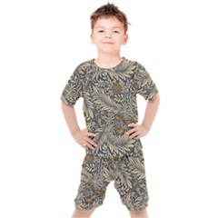 Brown Vintage Background Vintage Floral Pattern Brown Kids  Tee And Shorts Set by uniart180623