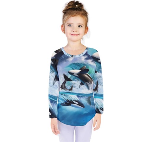 Orca Wave Water Underwater Sky Kids  Long Sleeve Tee by uniart180623