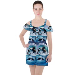 Orca Wave Water Underwater Sky Ruffle Cut Out Chiffon Playsuit