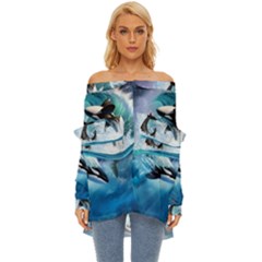 Orca Wave Water Underwater Sky Off Shoulder Chiffon Pocket Shirt by uniart180623
