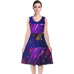 Colorful Abstract Background Creative Digital Art Colorful Geometric Artwork V-neck Midi Sleeveless Dress 