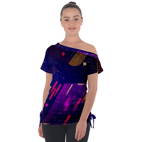 Colorful Abstract Background Creative Digital Art Colorful Geometric Artwork Off Shoulder Tie-up Tee by uniart180623