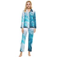 Tsunami Big Blue Wave Ocean Waves Water Womens  Long Sleeve Velvet Pocket Pajamas Set by uniart180623