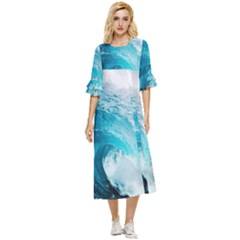 Tsunami Big Blue Wave Ocean Waves Water Double Cuff Midi Dress by uniart180623