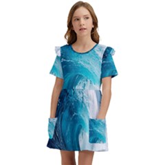 Tsunami Big Blue Wave Ocean Waves Water Kids  Frilly Sleeves Pocket Dress by uniart180623