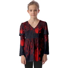 Dark Forest Jungle Plant Black Red Tree Kids  V Neck Casual Top by uniart180623