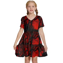 Dark Forest Jungle Plant Black Red Tree Kids  Short Sleeve Tiered Mini Dress by uniart180623