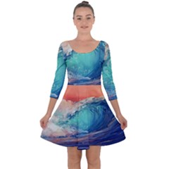 Artistic Wave Sea Quarter Sleeve Skater Dress