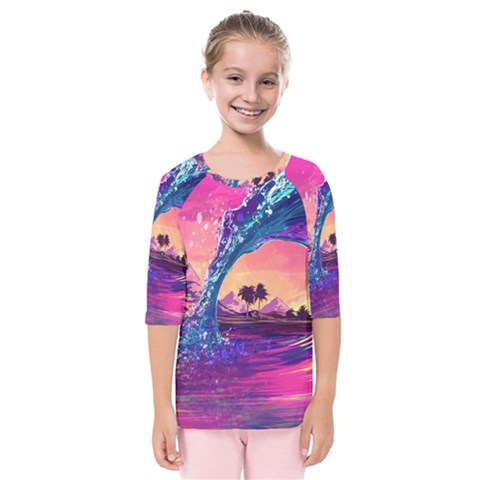 Retro Wave Ocean Kids  Quarter Sleeve Raglan Tee by uniart180623