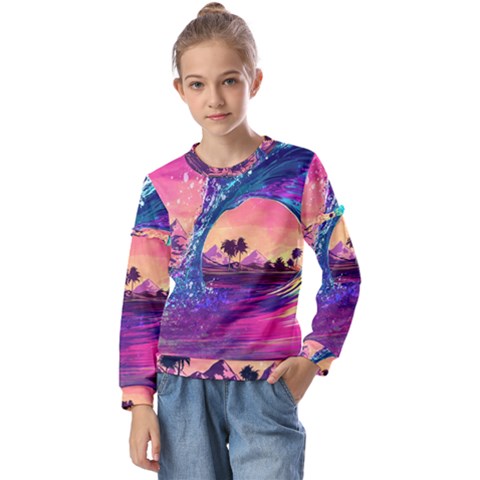 Retro Wave Ocean Kids  Long Sleeve Tee With Frill  by uniart180623