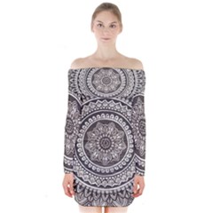 Mandala Circles Drawing Pattern Long Sleeve Off Shoulder Dress by uniart180623